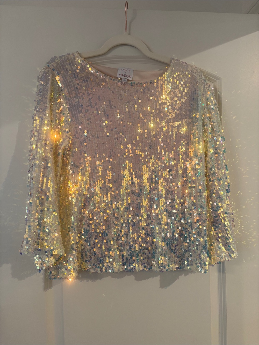 Anthropologie Koko and Mason Iridescent Sequin Long-Sleeve Top - Nude Lining